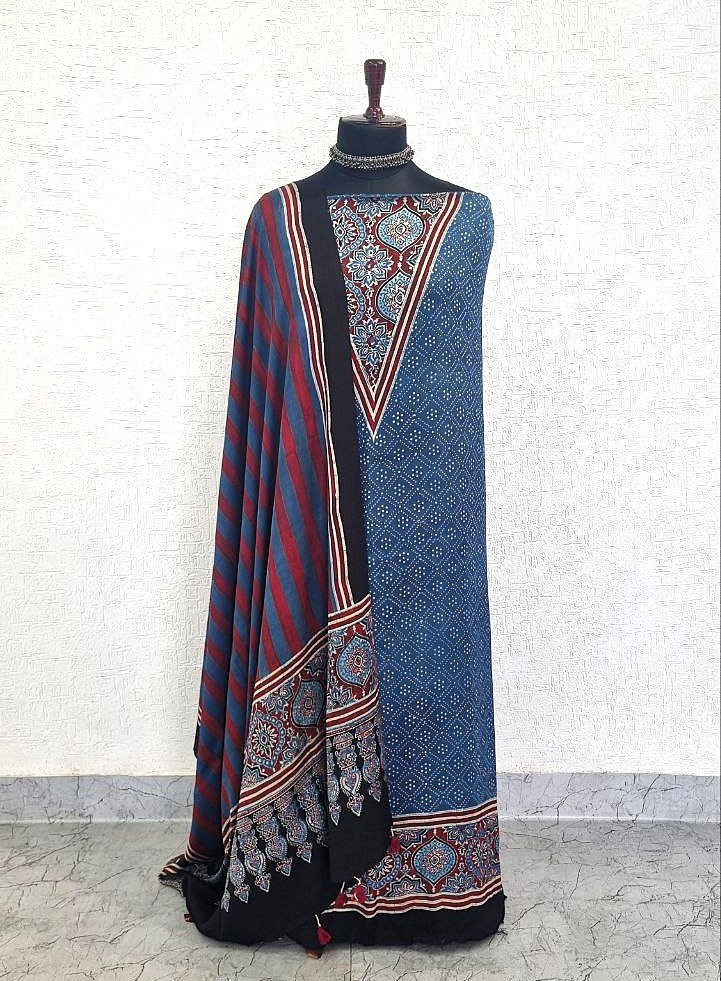 Indigo Blue Modal Silk Ajrakh Handblock Suit