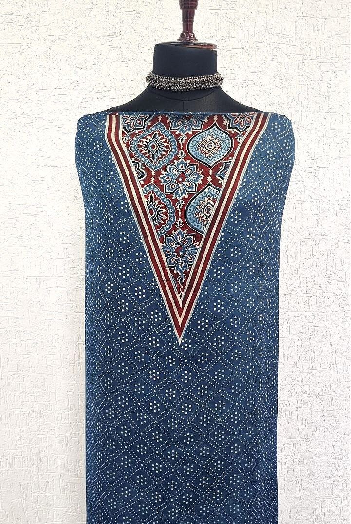 Indigo Blue Modal Silk Ajrakh Handblock Suit