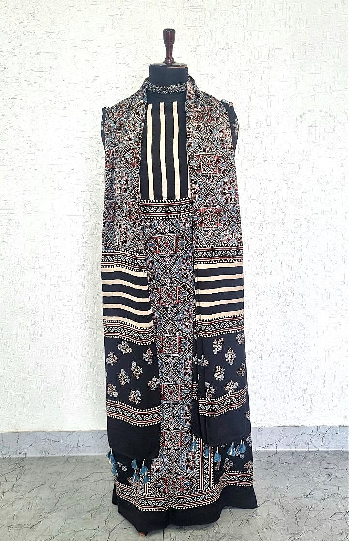 Black Modal Silk Ajrakh Handblock Suit