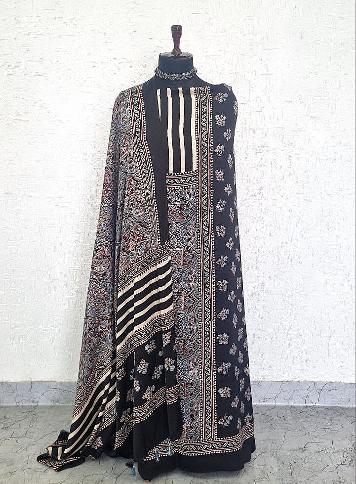 Black Modal Silk Ajrakh Handblock Suit