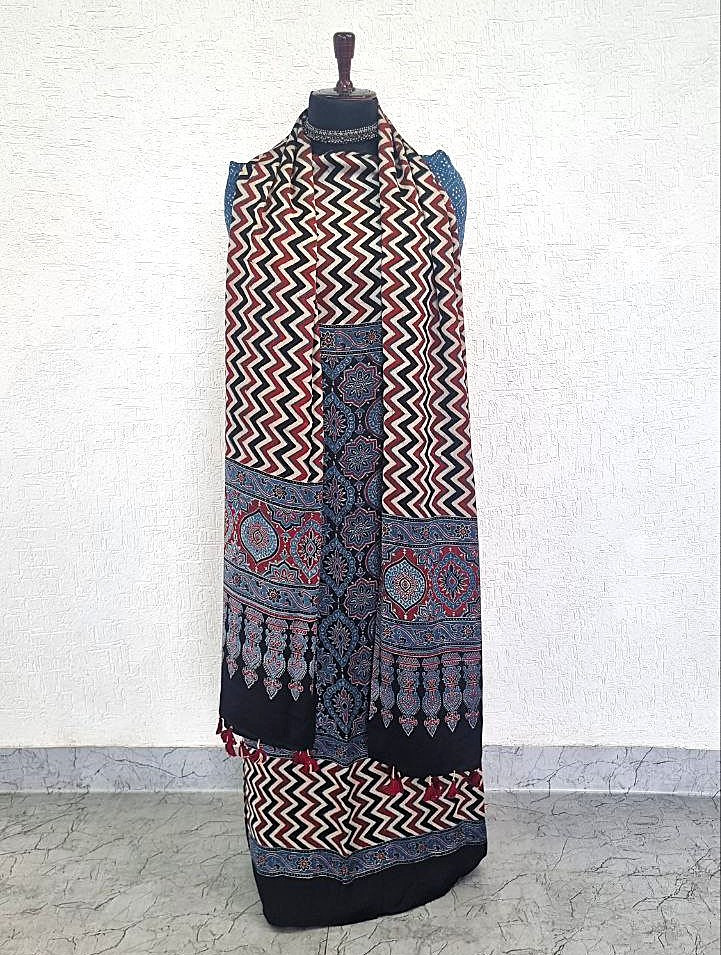 Indigo Blue Modal Silk Ajrakh Handblock Suit