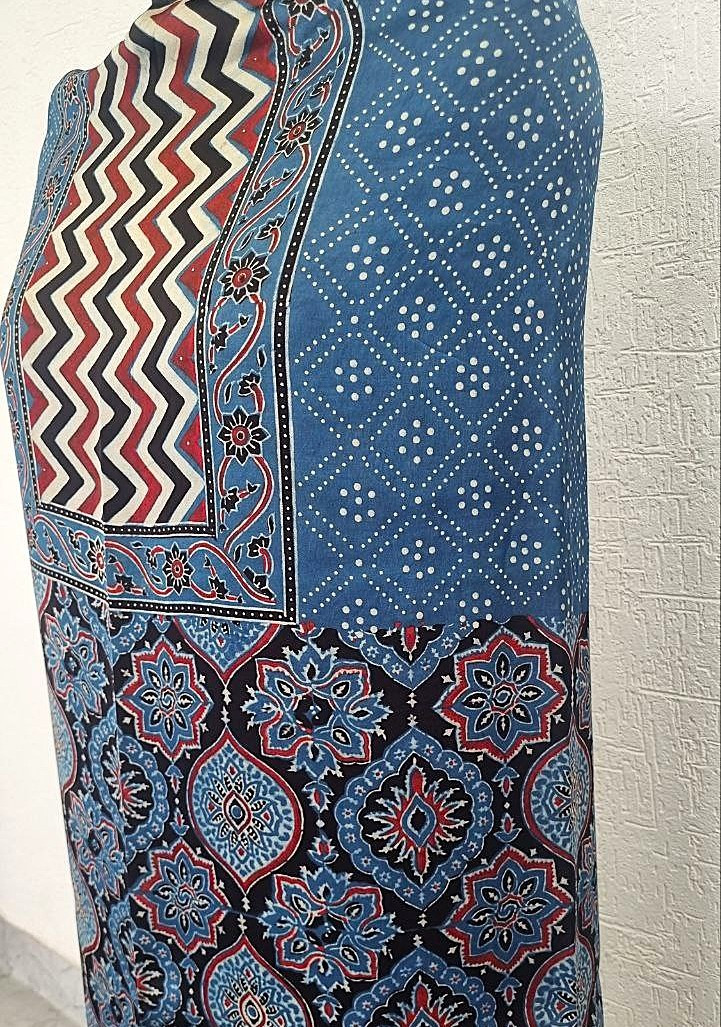 Indigo Blue Modal Silk Ajrakh Handblock Suit