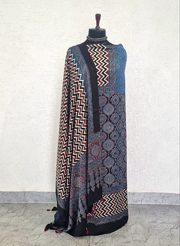 Indigo Blue Modal Silk Ajrakh Handblock Suit