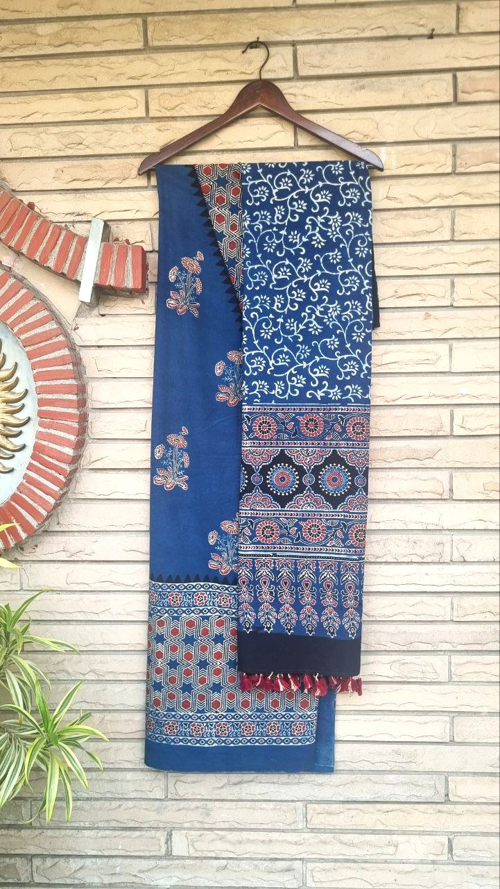 Indigo Blue Cotton Ajrakh Handblock Suit