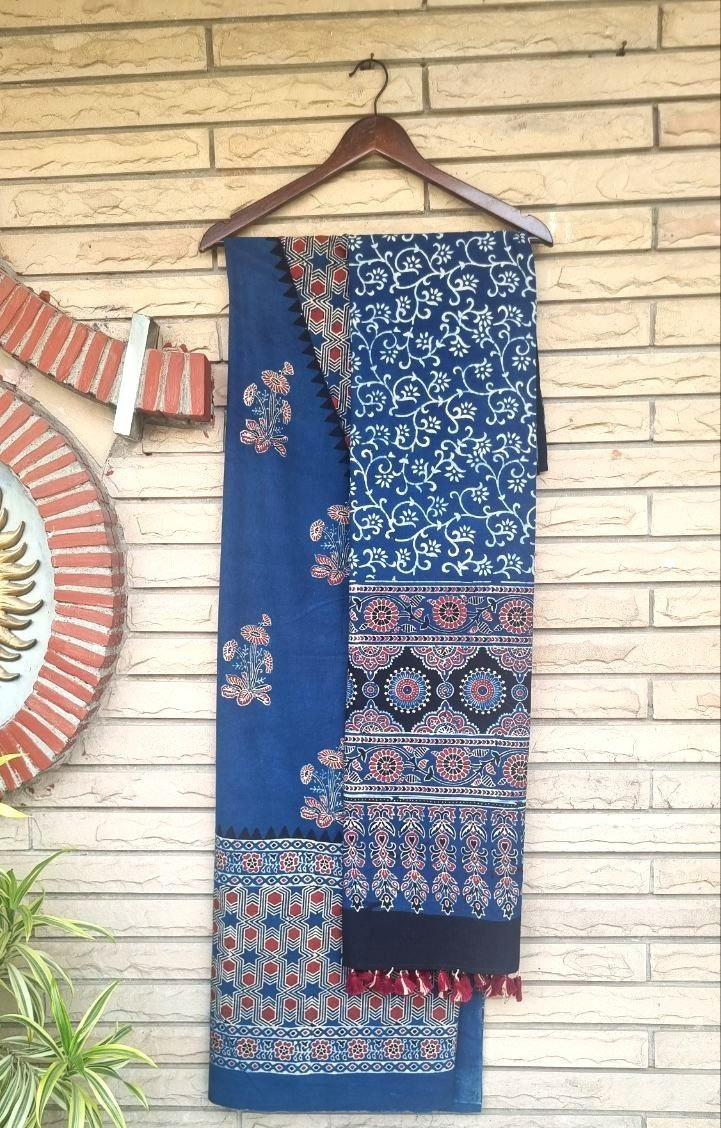 Indigo Blue Cotton Ajrakh Handblock Suit