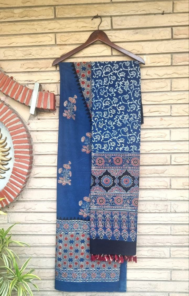 Image of Indigo Blue Cotton Ajrakh Handblock Suit