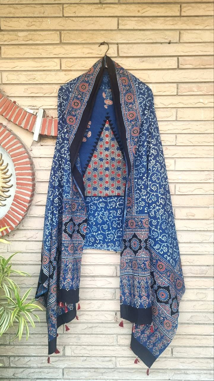 Indigo Blue Cotton Ajrakh Handblock Suit