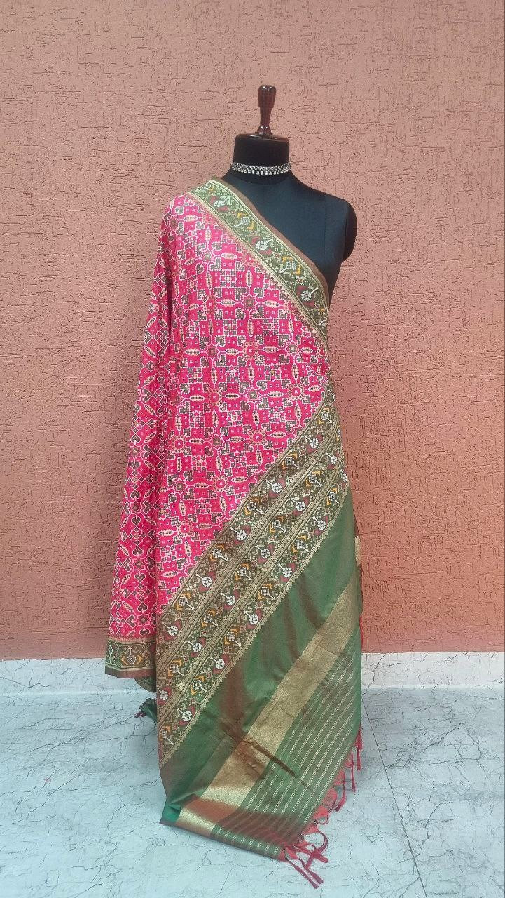 Dark Pink Green Patola Silk Dupatta