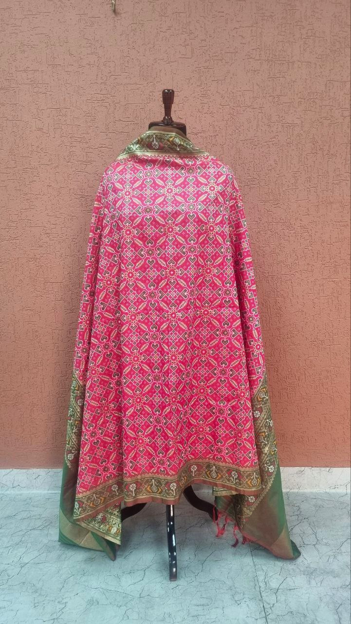 Dark Pink Green Patola Silk Dupatta