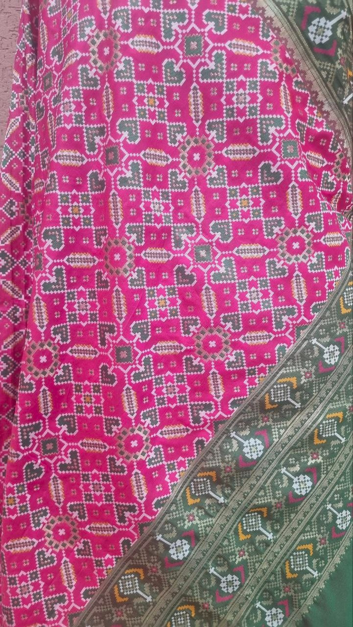 Dark Pink Green Patola Silk Dupatta