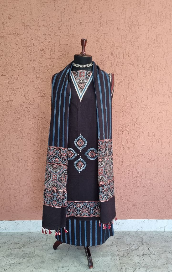 Black Ajrakh Handblock Cotton Suit