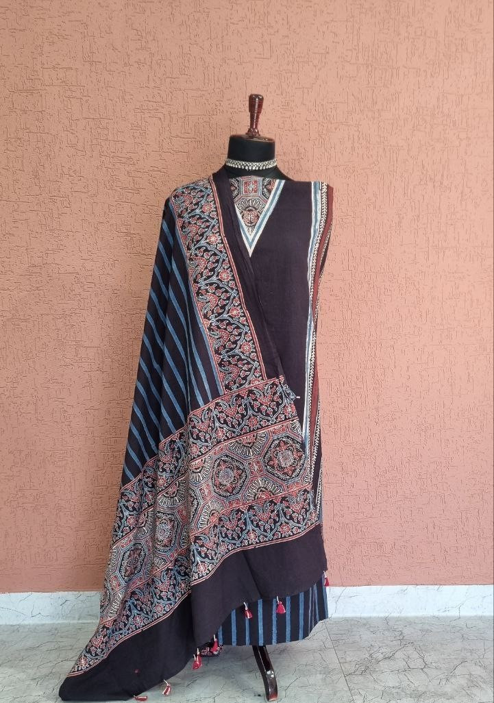 Black Ajrakh Handblock Cotton Suit