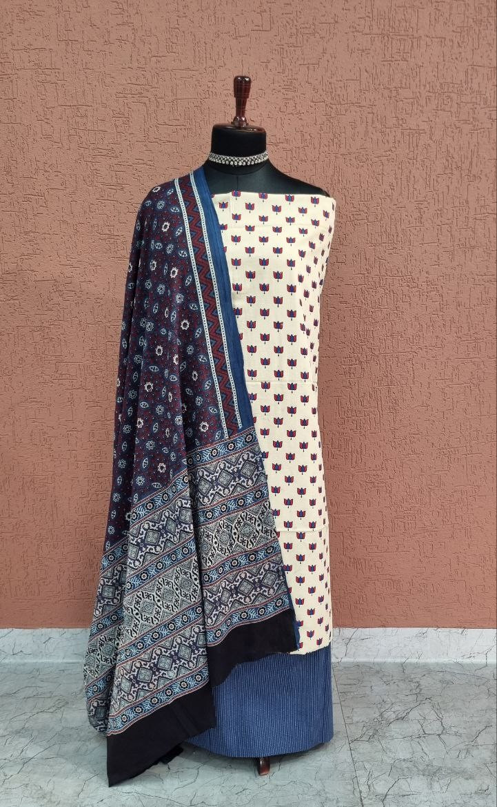 Ivory Indigo Cotton Ajrakh Suit