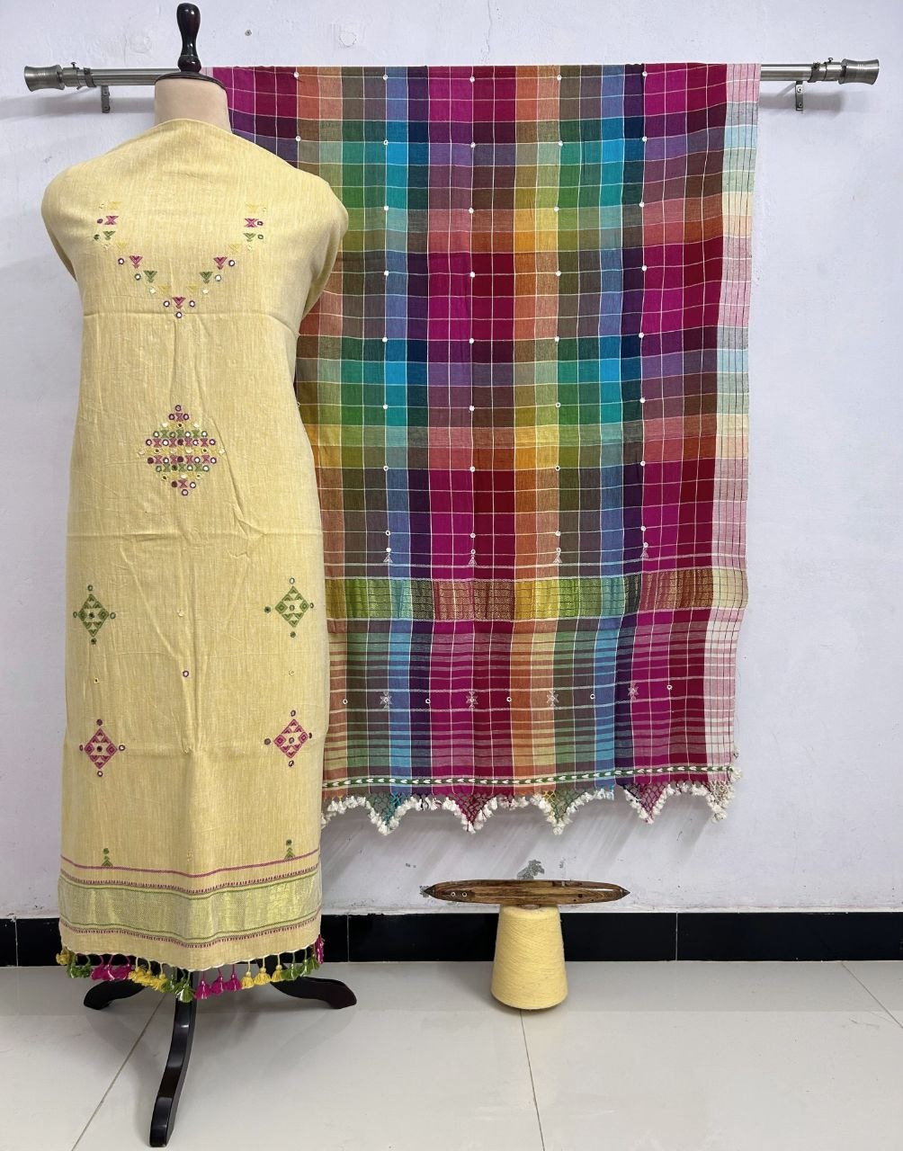 Yellow Kala Cotton Suit with Multicolor Dupatta
