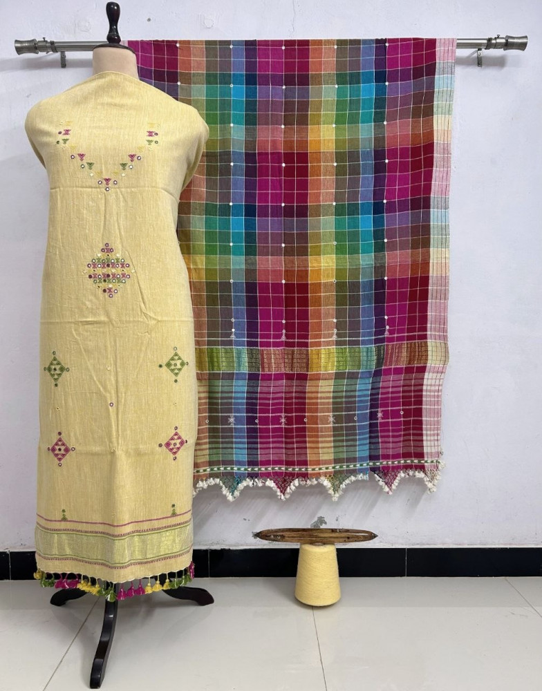 Image of Yellow Kala Cotton Suit with Multicolor Dupatta