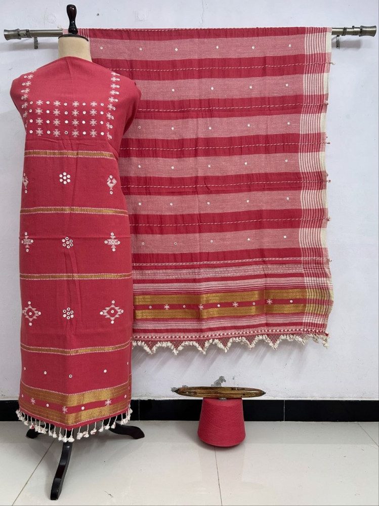 Image of Peach Pink Kala Cotton Bhujodi Suit