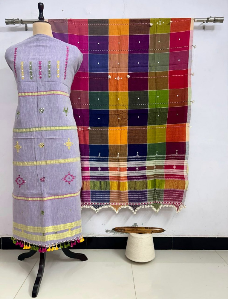 Image of Lavender Kala Cotton Bhujodi Suit with Multicolor Dupatta