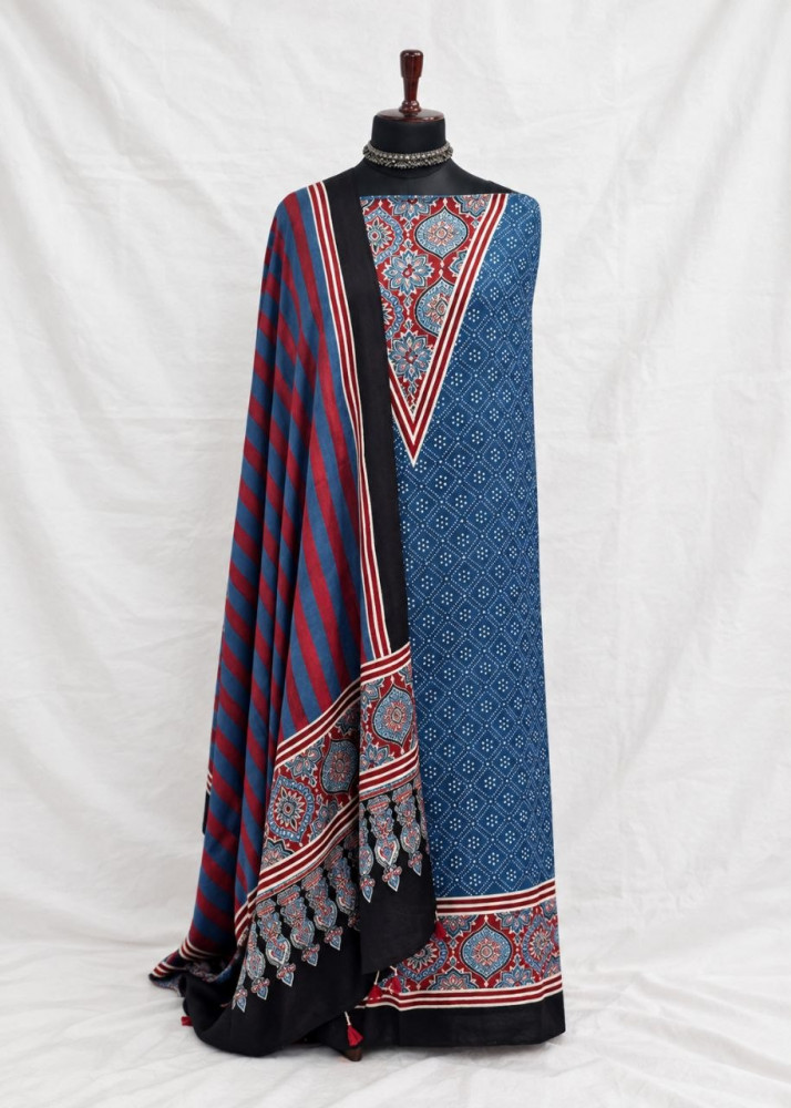 Image of Indigo Blue Modal Silk Ajrakh Handblock Suit