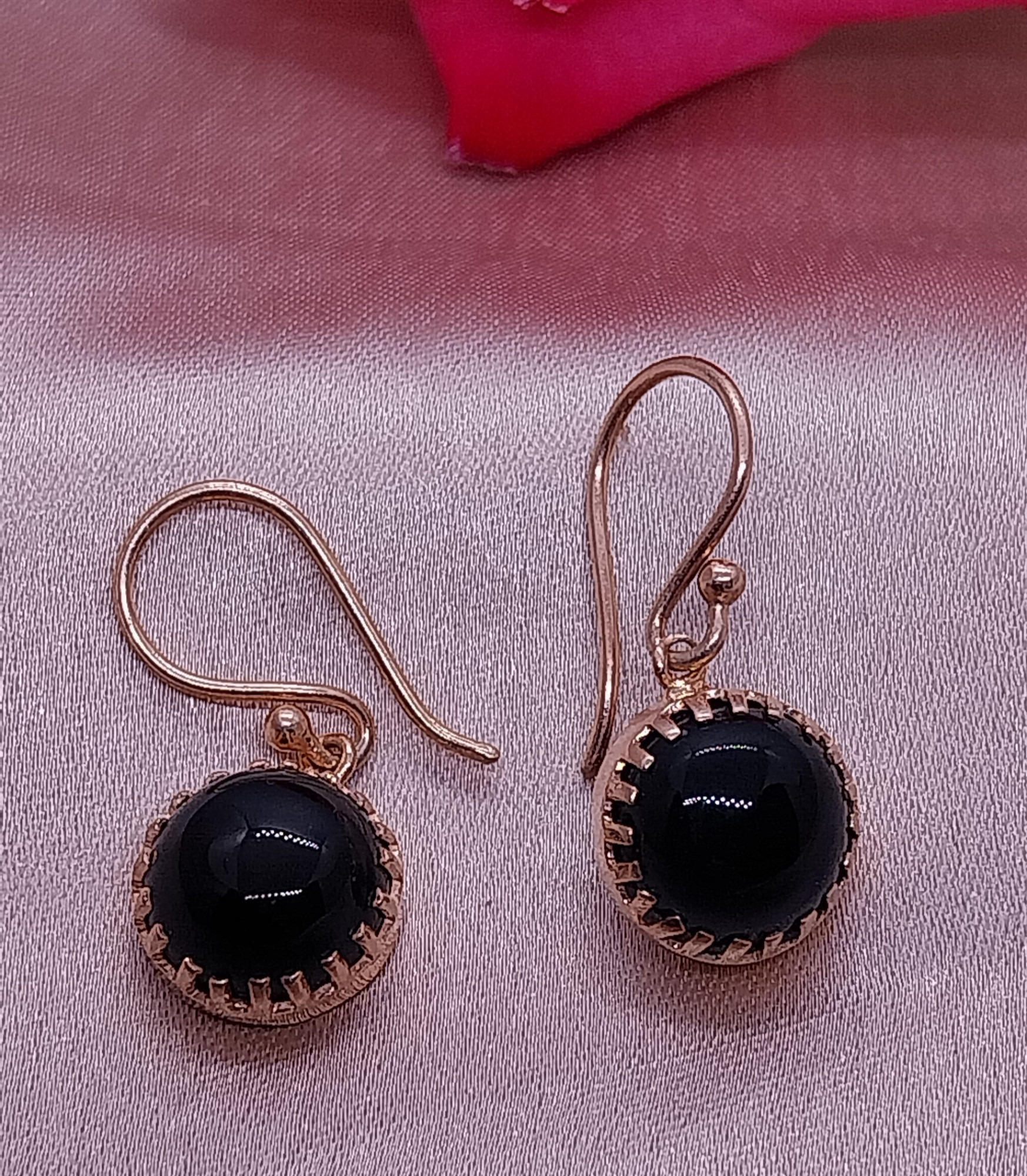 925SILVER EARRING WITH BLACK ONYX GEMSTONE IN ROSE GOLD POLISH FOR GIRLS AND WOMEN