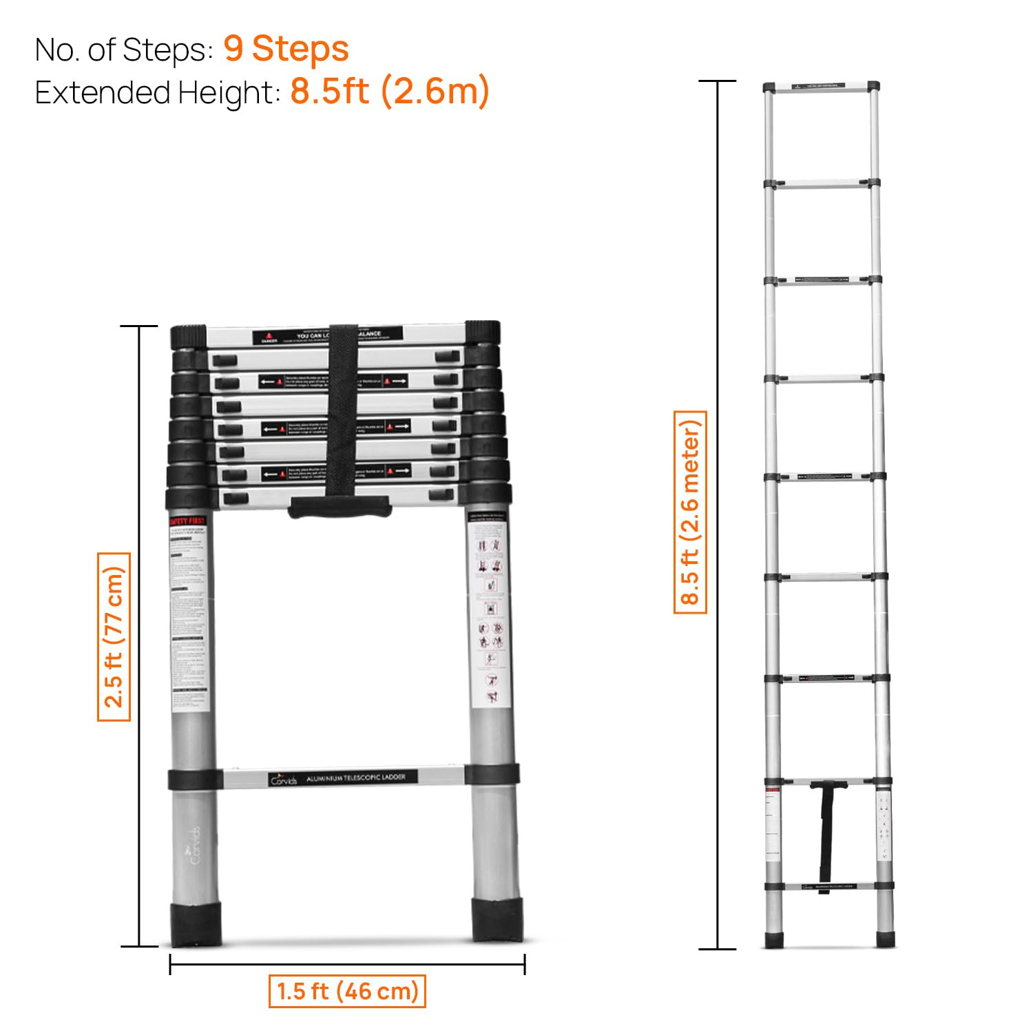 AluReach 2.6m (8.5 ft) Portable Aluminum Telescopic Ladder – Compact & Lightweight
