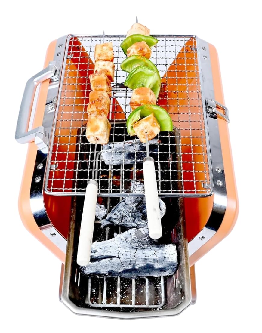 GrillMate Portable Charcoal BBQ – Stainless Steel with Tray, 5 Skewers & Hooks for Outdoor Tandoori Cooking