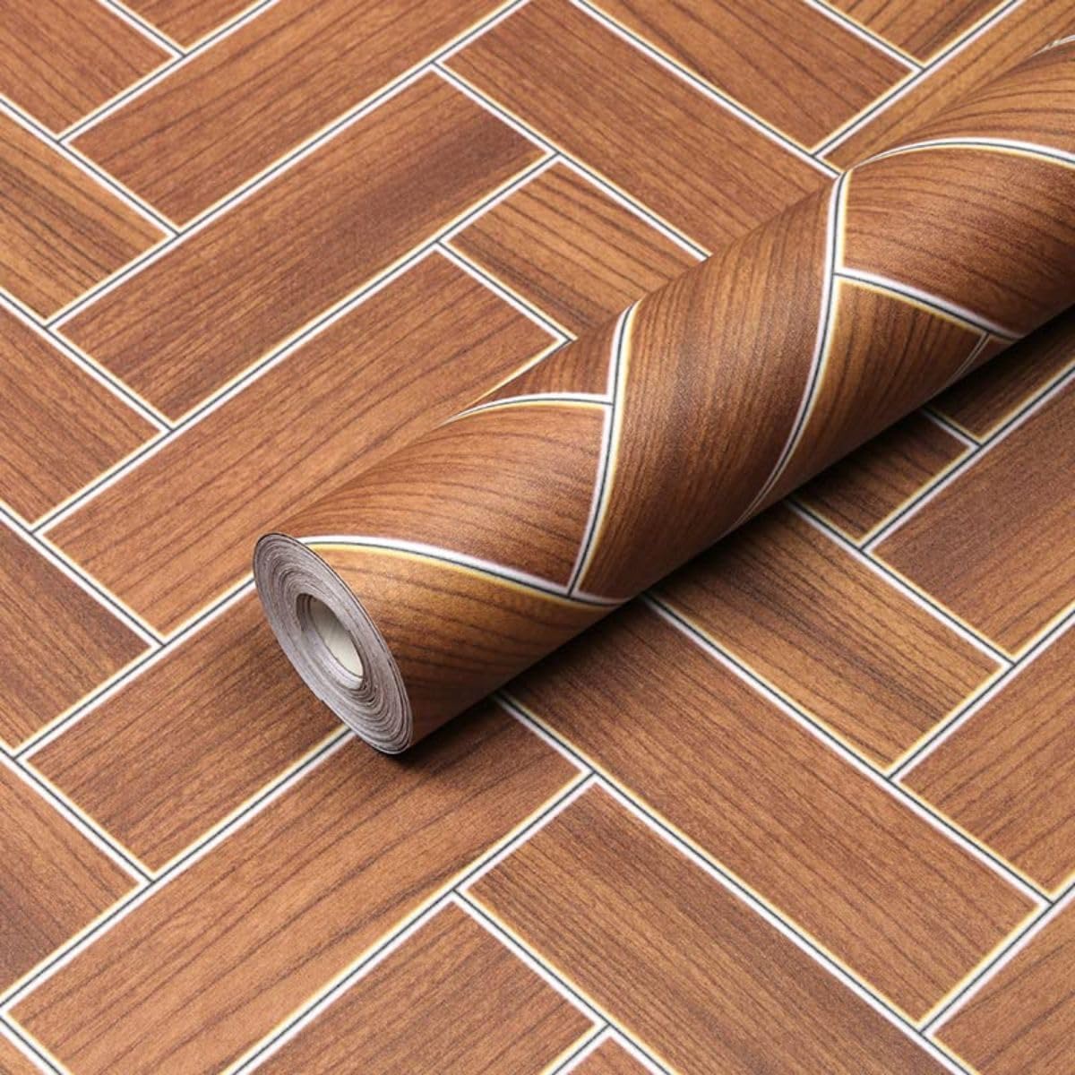 WoodLux Self-Adhesive PVC Vinyl Floor Wallpaper with White Lines – Waterproof & Easy to Install