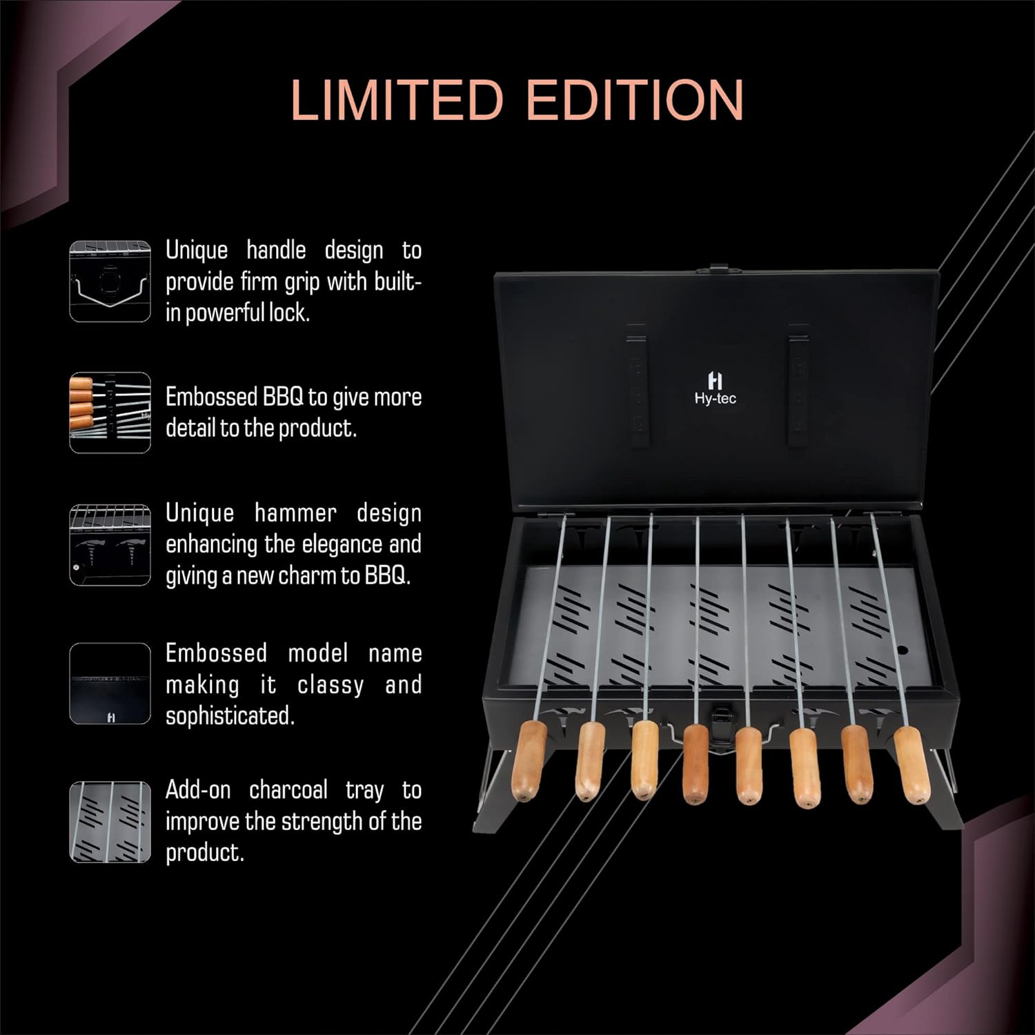 GrillTraveler Foldable Charcoal BBQ – Stellar Black with 8 Skewers & Charcoal Tray