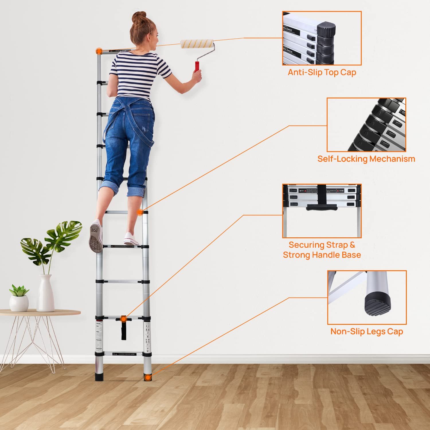 AluReach 2.6m (8.5 ft) Portable Aluminum Telescopic Ladder – Compact & Lightweight