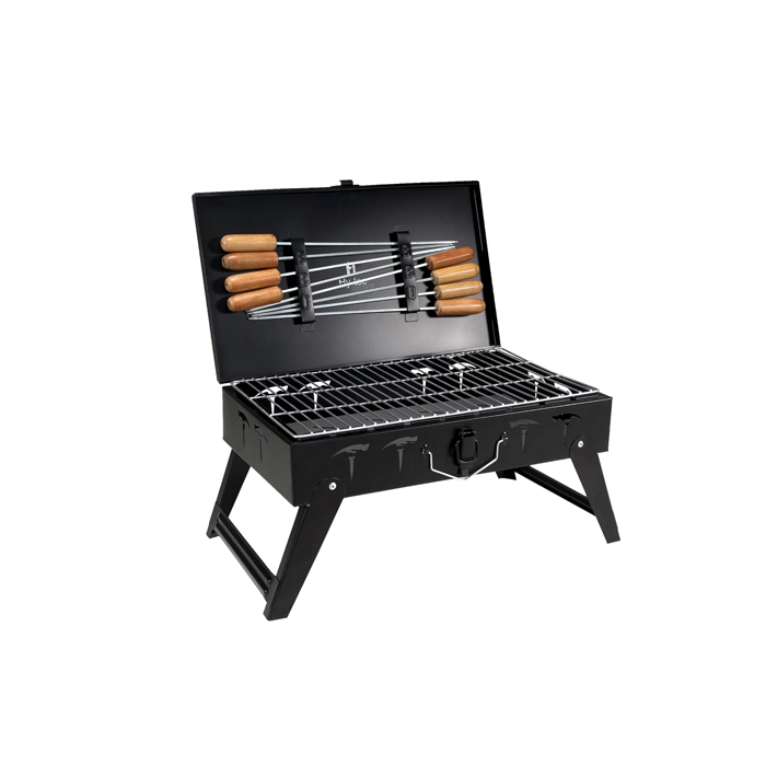 GrillTraveler Foldable Charcoal BBQ – Stellar Black with 8 Skewers & Charcoal Tray