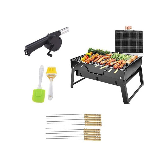 GrillEase Portable Charcoal BBQ – Folding Grill with Spatulas, Skewers & Air Blower