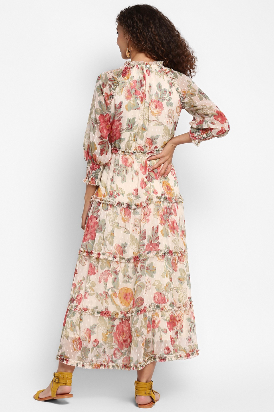 Floral Chiffon Dobby Midi Length Tier Dress With 34th Sleeves