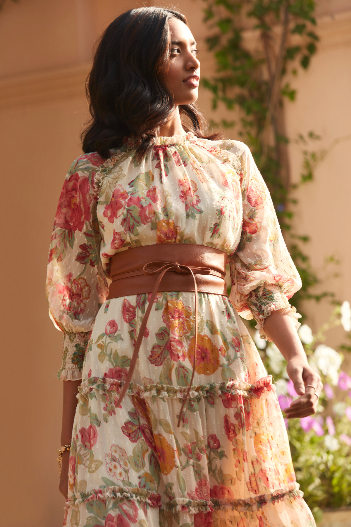 Floral Chiffon Dobby Midi Length Tier Dress With 34th Sleeves