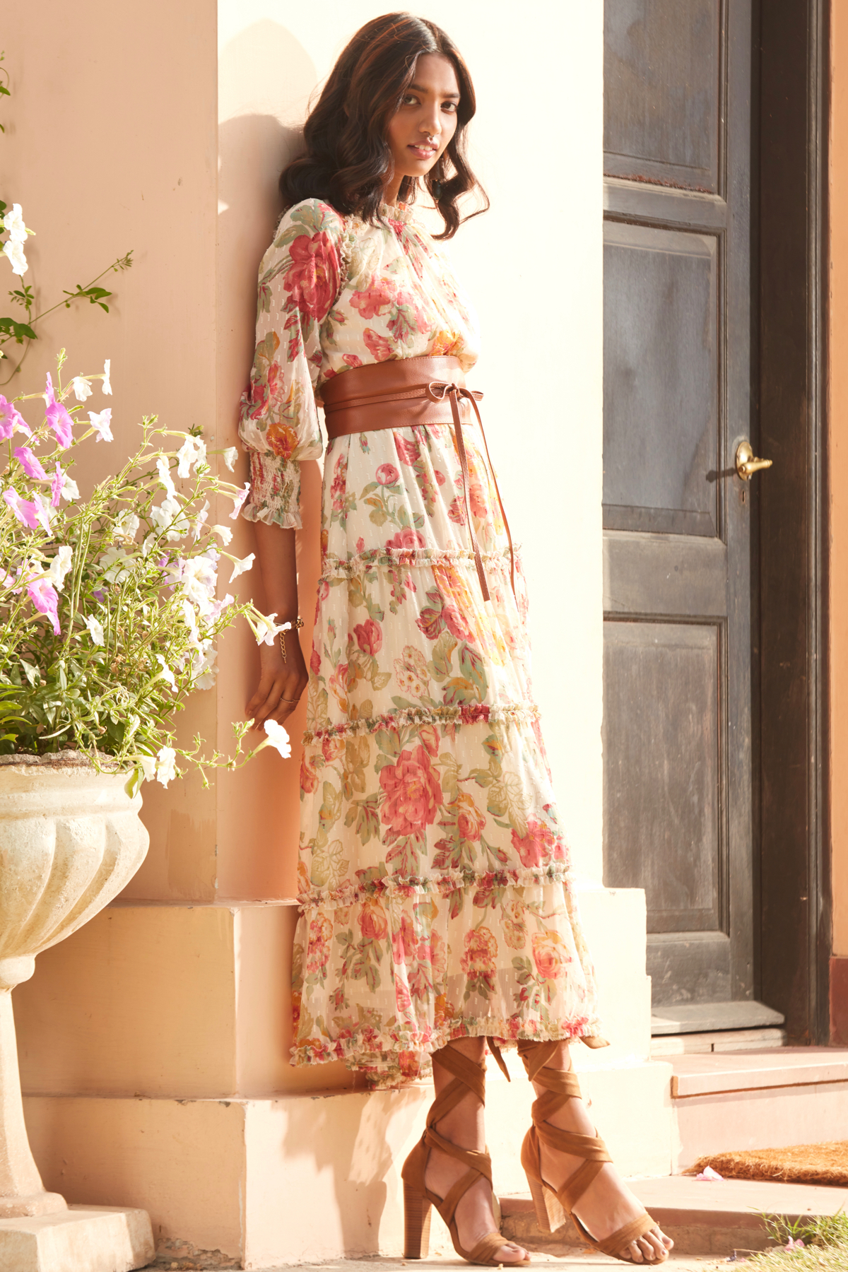 Floral Chiffon Dobby Midi Length Tier Dress With 34th Sleeves