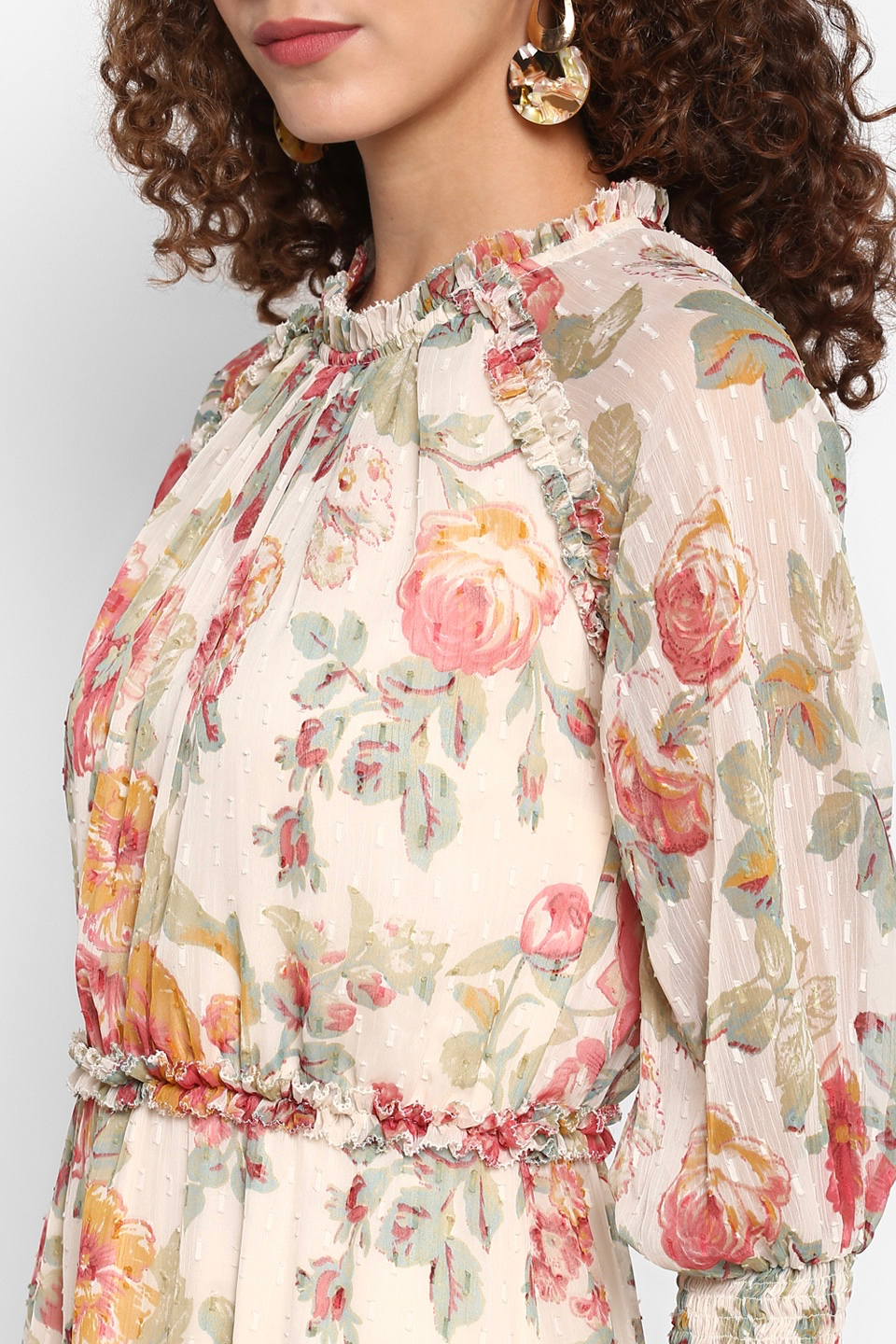 Floral Chiffon Dobby Midi Length Tier Dress With 34th Sleeves