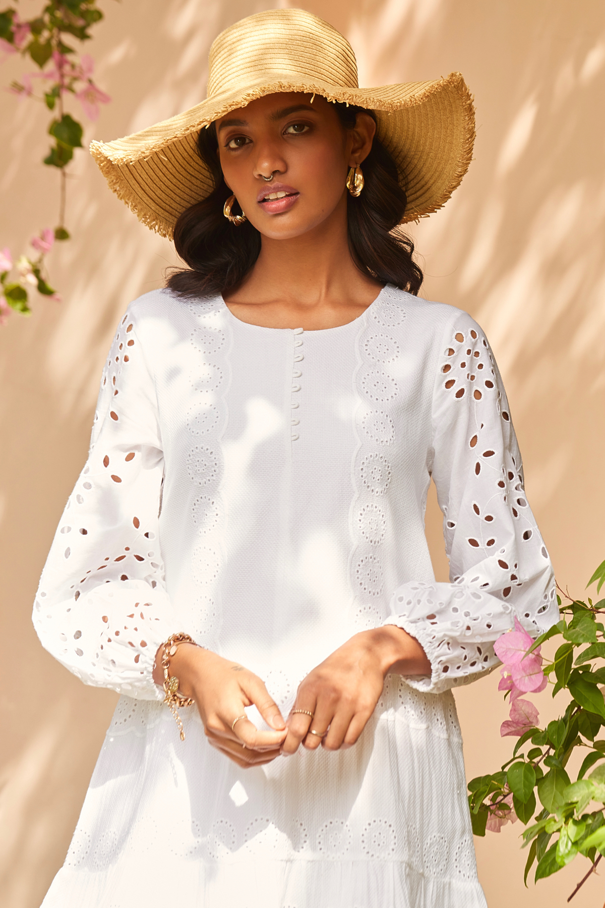 Cotton Embroidered Knee Length Brunch Dress