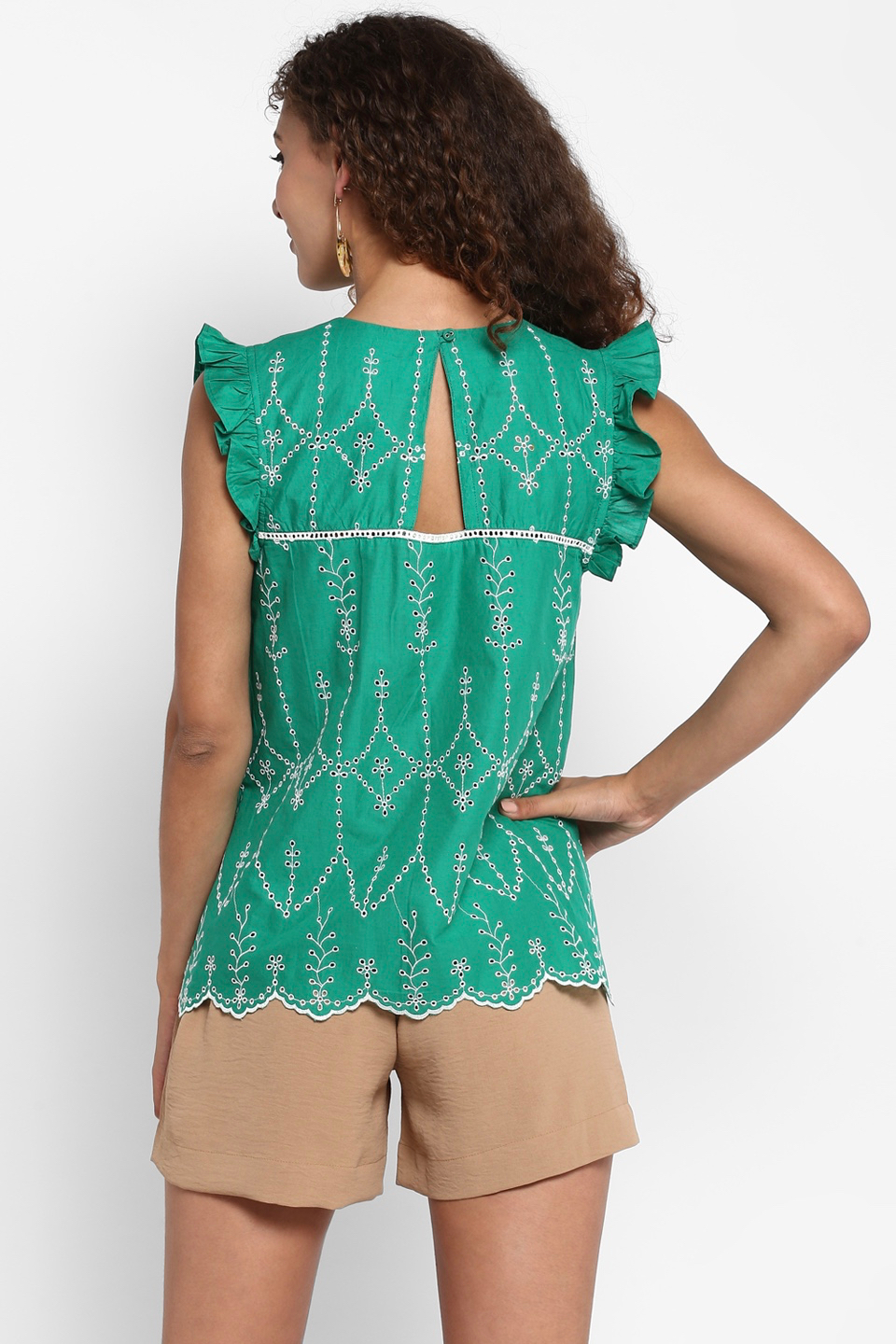 Green Cotton Schiffli Embroidery Boho Top With Small Frill Cap Sleeves