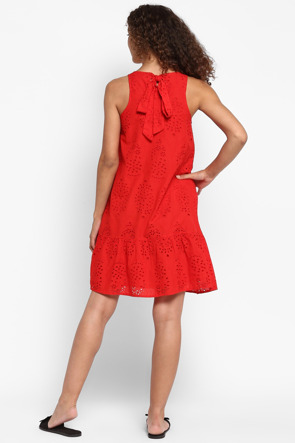 Calangute Red Cotton Embroidered Sleeveless Knee Length a-line Dress