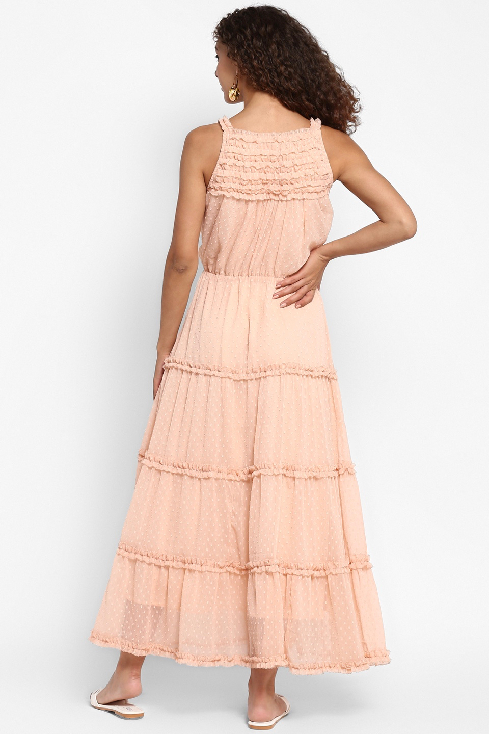 Paris Peach Chiffon Dobby Sleeveless Midi Length Tier Dress