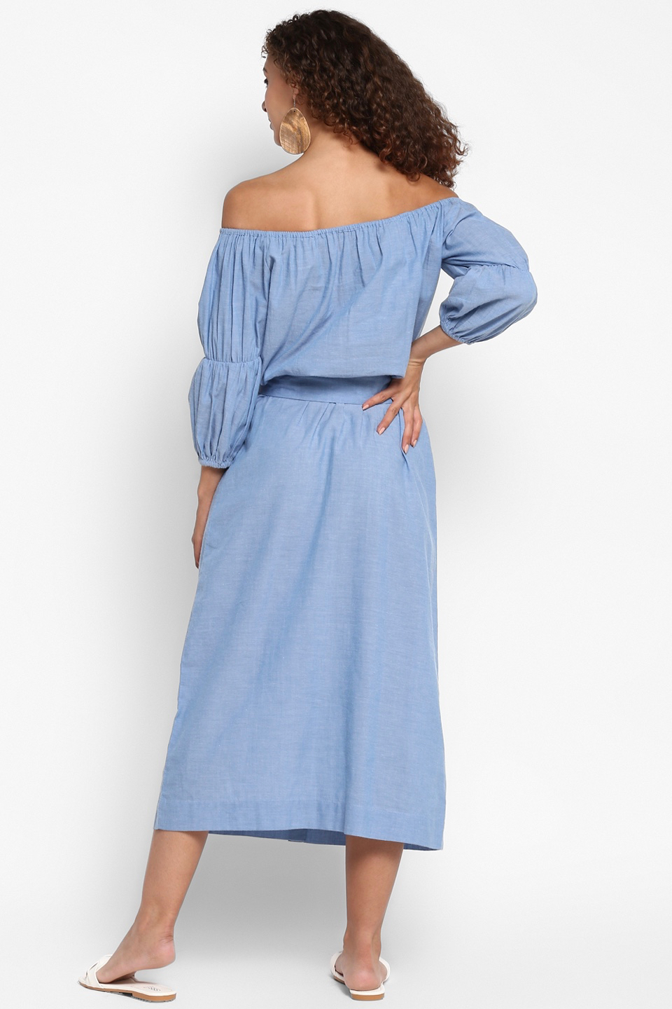 Blue Cotton Chambray Off Shoulder Midi Dress With Sleeves and Belt