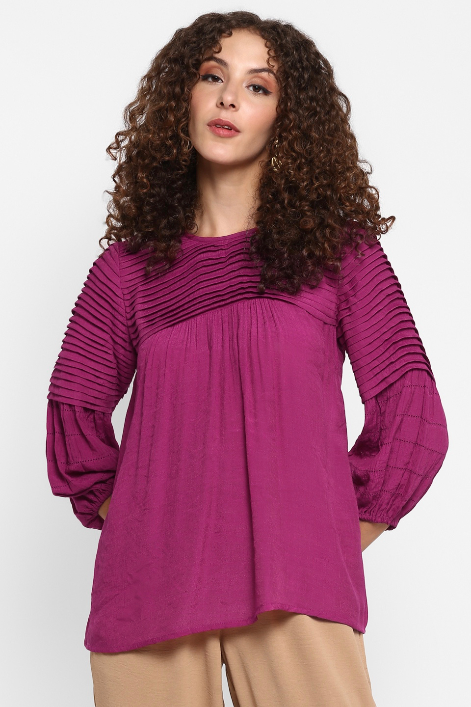 Rayon Crepe Pleat Detailing Top With Gathers and 34th Length Sleeves