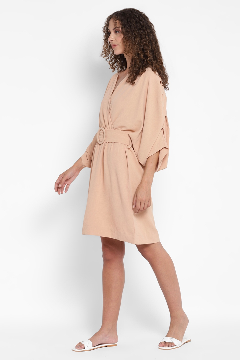 Knee Length V-neck Straight Brunch Dress With 34th Sleeves and Belt