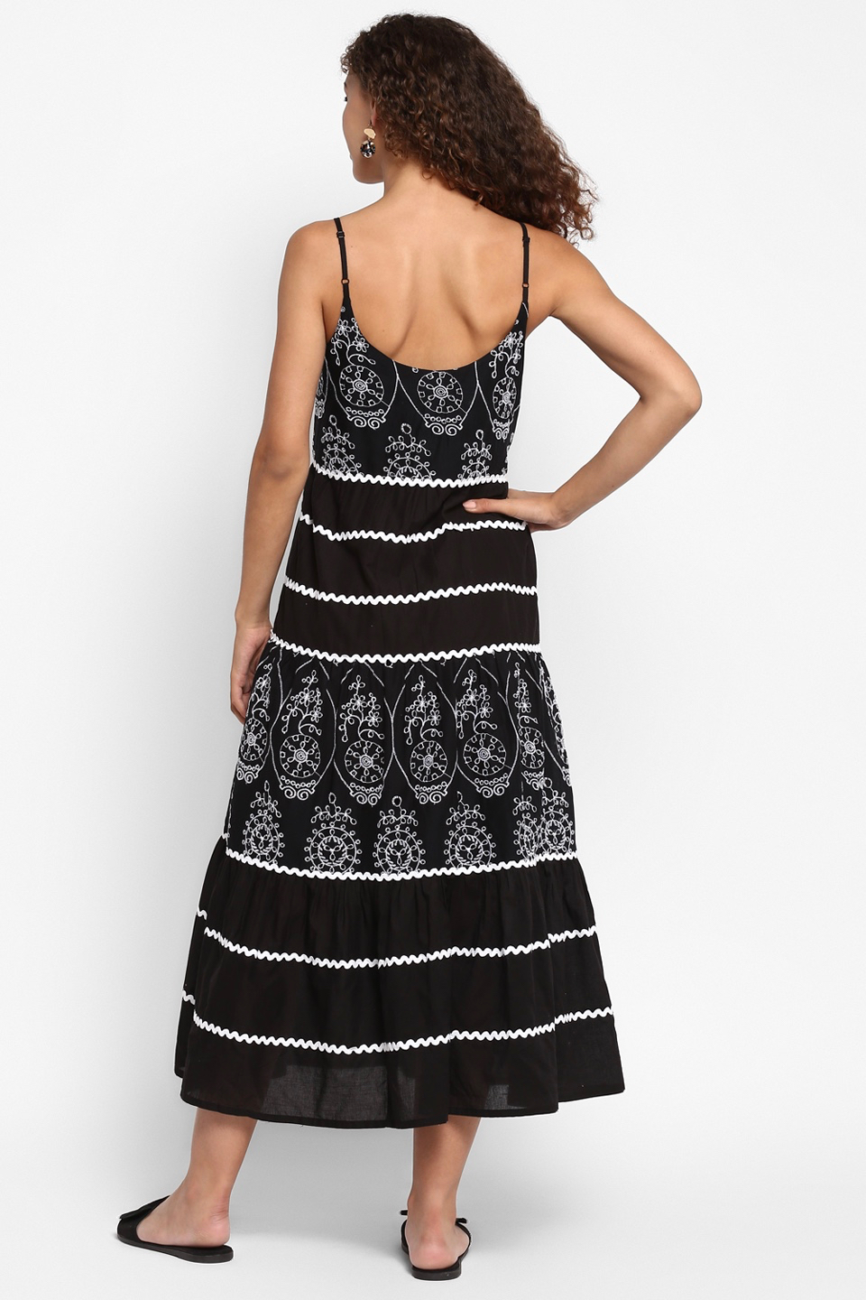 Sleeveless Black Cotton Embroidered Midi Length Tier Dress