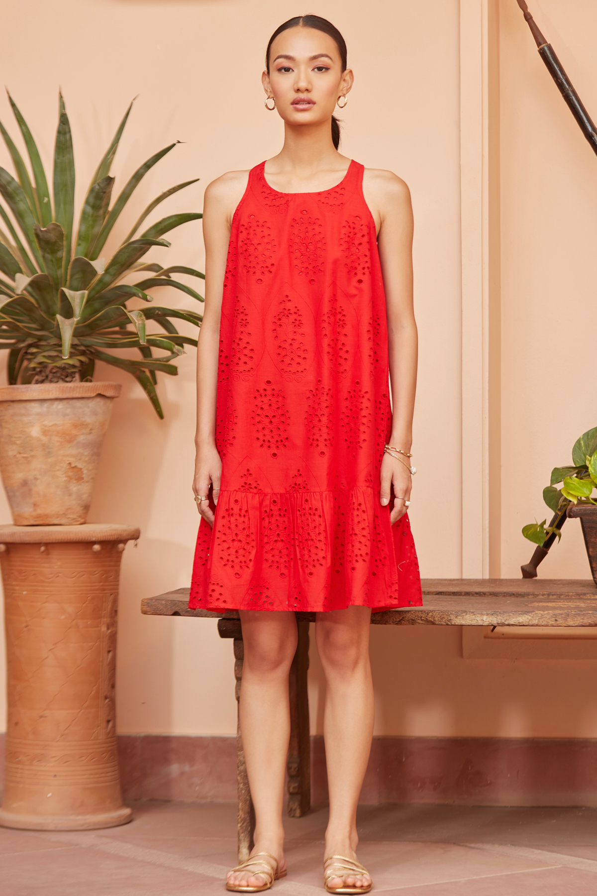 Calangute Red Cotton Embroidered Sleeveless Knee Length a-line Dress