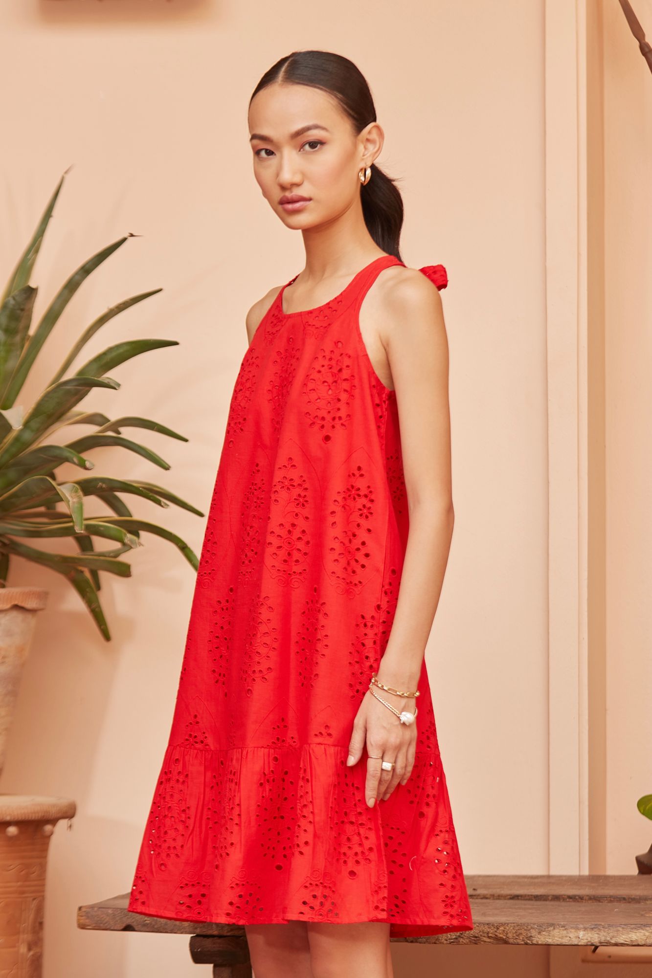 Calangute Red Cotton Embroidered Sleeveless Knee Length a-line Dress