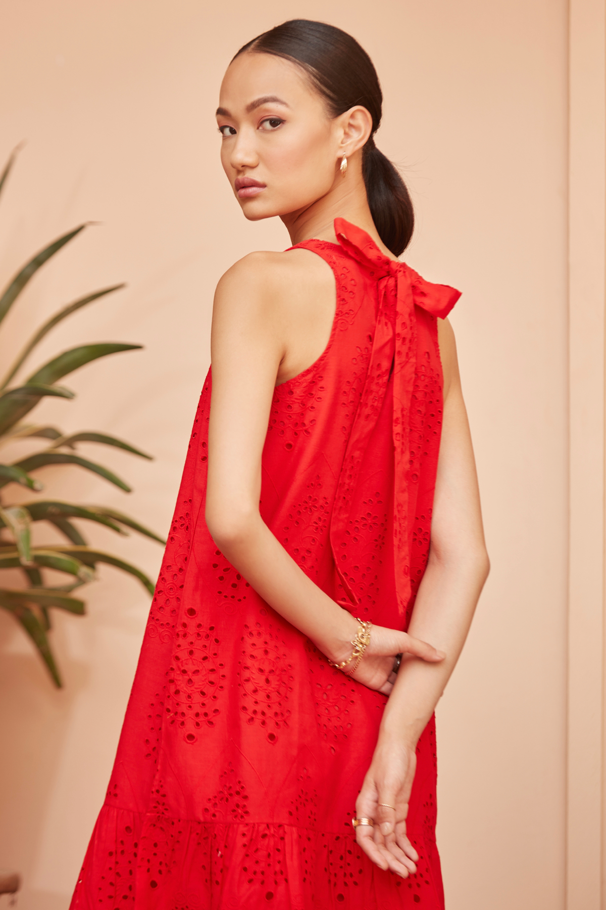 Calangute Red Cotton Embroidered Sleeveless Knee Length a-line Dress