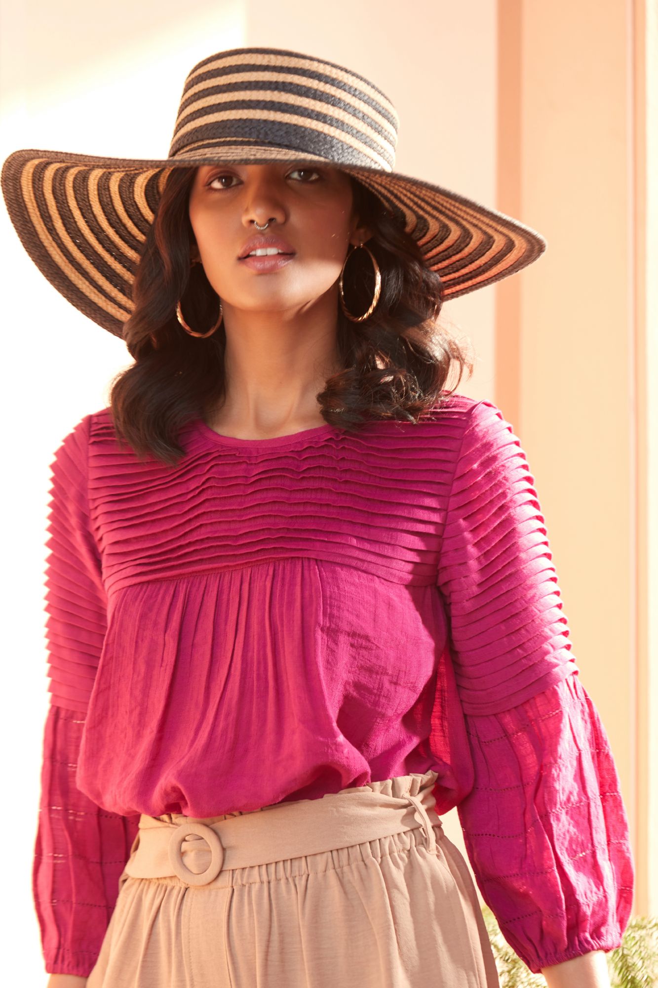 Rayon Crepe Pleat Detailing Top With Gathers and 34th Length Sleeves