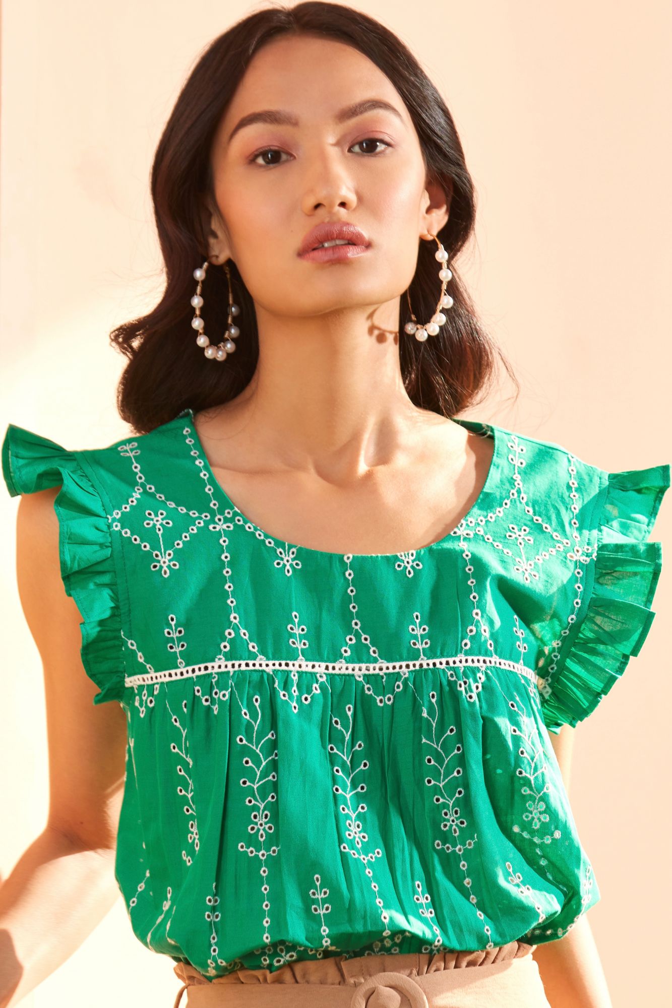 Green Cotton Schiffli Embroidery Boho Top With Small Frill Cap Sleeves