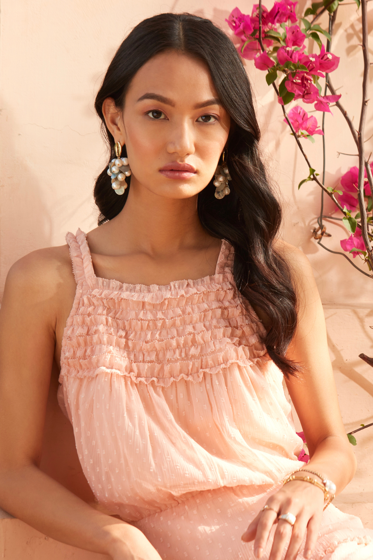 Paris Peach Chiffon Dobby Sleeveless Midi Length Tier Dress