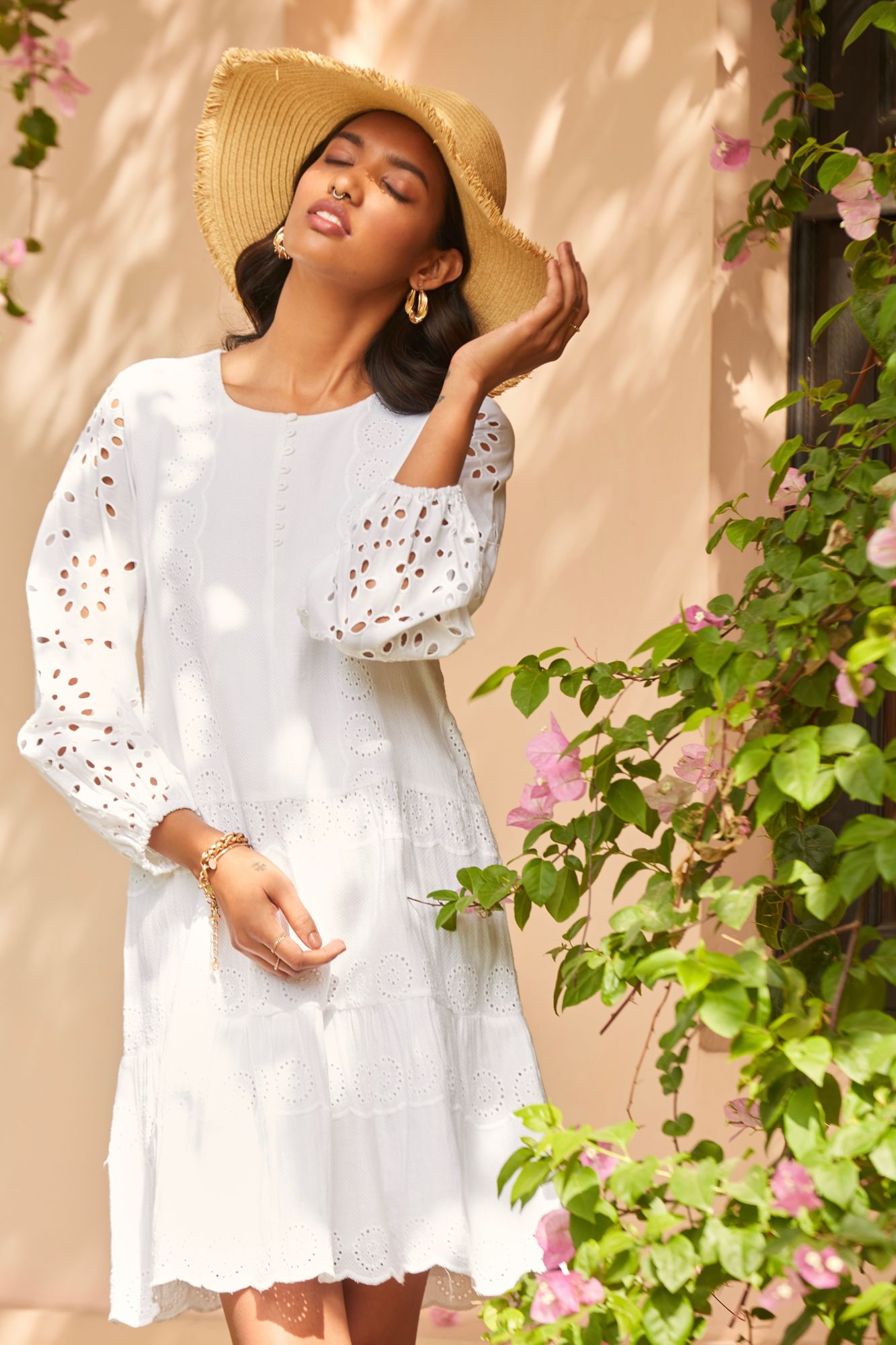 Cotton Embroidered Knee Length Brunch Dress