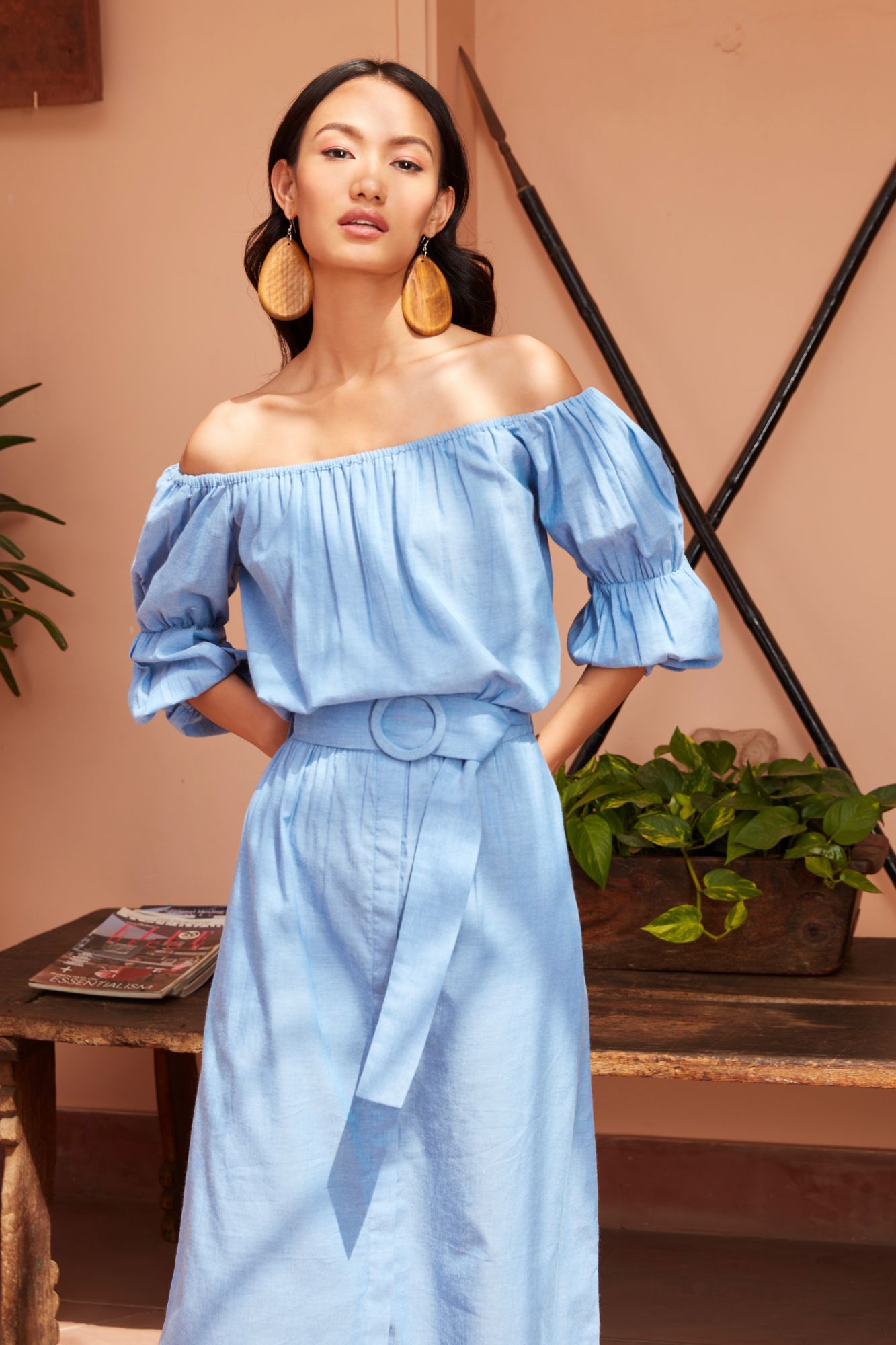 Blue Cotton Chambray Off Shoulder Midi Dress With Sleeves and Belt